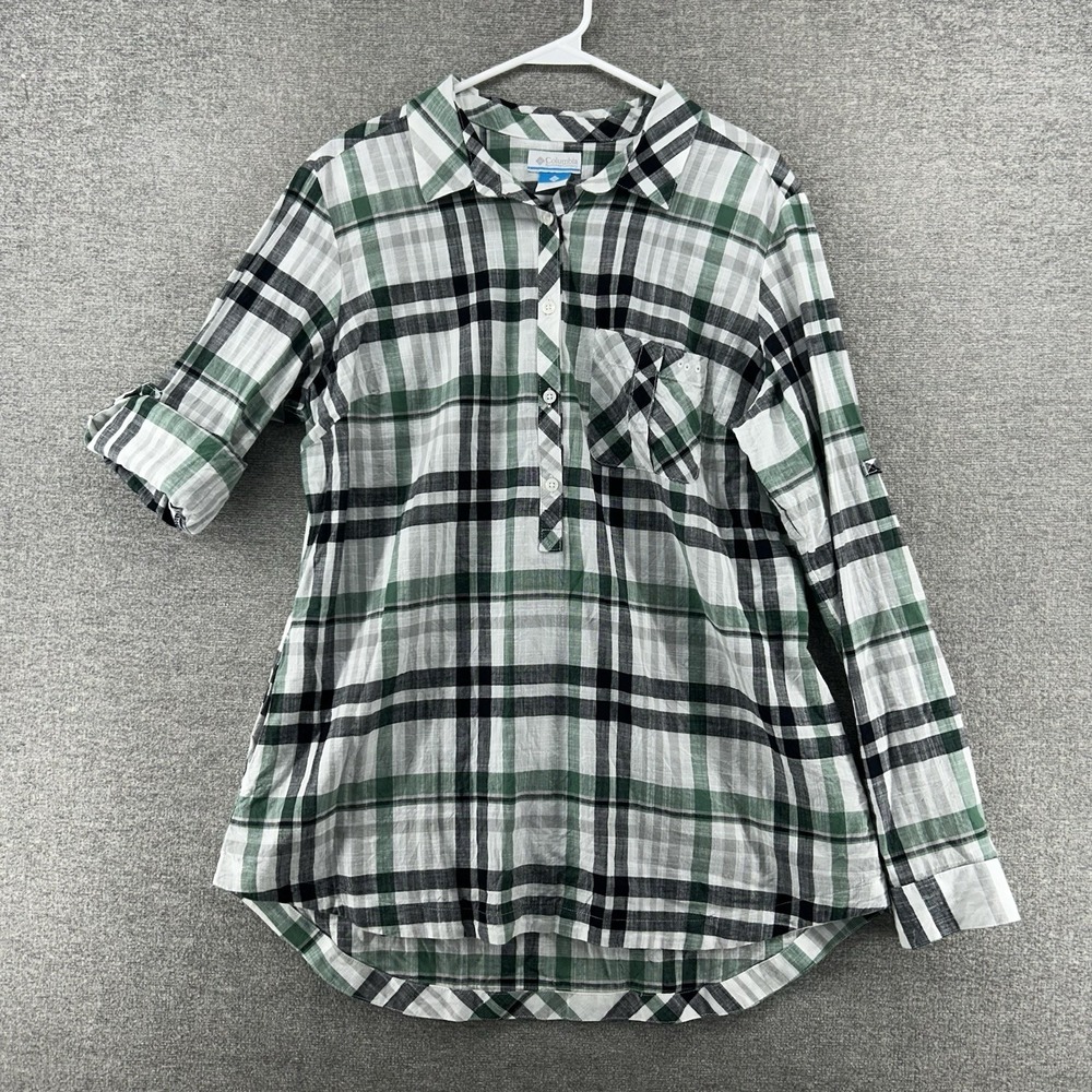 Columbia Tunic Top Women Sz XL Green Plaid Roll Tab Sleeve Cotton Casual Pockets